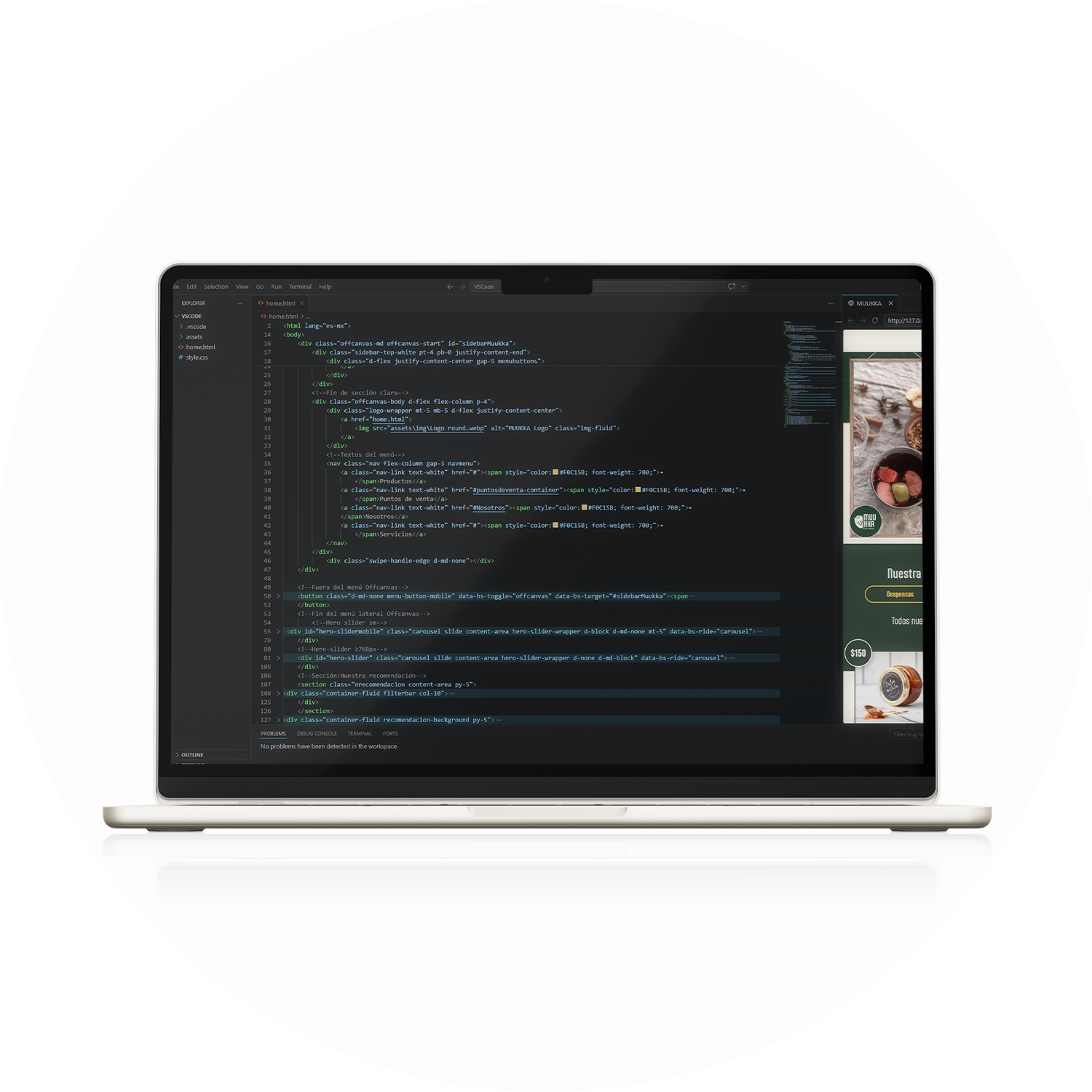 Laptop mostrando código HTML en la pantalla